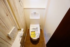 同仕様写真。壁リモコンタイプのウォシュレット付き。すっきりした見た目で、トイレ奥の掃除もしやすいです。