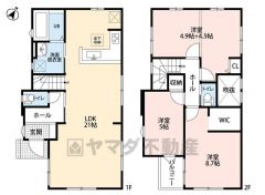 リビングイン階段でご家族が自然に顔を合わせられる間取り。リビングは21帖の開放感あふれる空間。9.4帖の洋室はライフスタイルや家族構成の変化に対しても柔軟に対応できます。