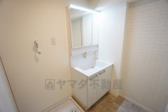 三面鏡つき洗面台。鏡裏にたっぷりとした収納スペースがあります。鏡を閉めてしまえば小物は見えないため、スッキリとした印象の洗面台にできます。