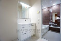 三面鏡つき洗面台。鏡裏にたっぷりとした収納スペースがあります。鏡を閉めてしまえば小物は見えないため、スッキリとした印象の洗面台にできます。