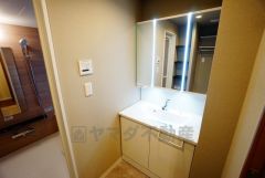 三面鏡つき洗面台。鏡裏にたっぷりとした収納スペースがあります。鏡を閉めてしまえば小物は見えないため、スッキリとした印象の洗面台にできます。