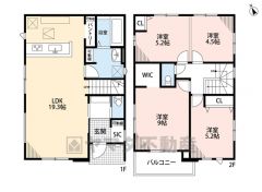 水回りが1ヵ所に集中した家事導線に配慮した間取りです。リビングは19帖以上の開放感あふれる空間です。