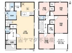 4ＬＤＫとウォークインクローゼットでゆとりのある暮らしが実現。リビングは20帖以上の開放感あふれる空間です。2階は洋室が4部屋あるので、お子様が大きくなっても安心ですね＾＾