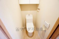 壁リモコンタイプのウォシュレット付き。すっきりした見た目で、トイレ奥の掃除もしやすいです。