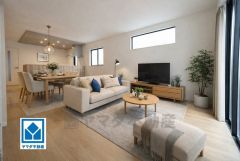 家具はイメージです。リビングは広々とした設計で、家族が集い、寛ぐ暮らしの空間を演出しています。思い思いの時間を過ごしたり、家族みんなで食事をしたり、素敵な団らんの場になりますね。