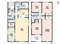 5LDK。コミュニケーションが取りやすいリビング階段＾＾2階に洋室が4部屋あるのでお子様が大きくなっても安心ですね＾＾