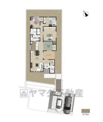 平屋。SICやクローク、パントリー、WICなど工夫された収納スペース。リビングからつながるウッドデッキ付き＾＾