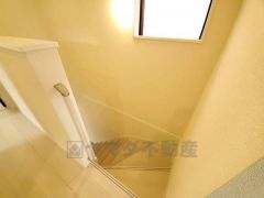 小さなお子様やご高齢の方でも安心できる、手すり付き階段。段差も低めで設定されており、安全性にも優れています。