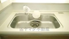 広々としたステンレスシンクには、洗剤やスポンジを収納出来るラック付き。広さも確保しているので、大きなお鍋も洗いやすいです。