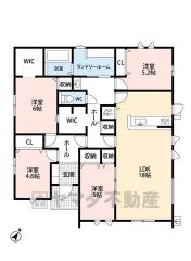 階段昇降がなく、子育てや介護がしやすい平屋＾＾家具の配置がしやすい縦型リビングは18帖。日用品の収納に便利なファミリークローク付き。