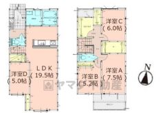 水回りが1ヵ所に集中した家事導線に配慮した間取りです。家具の配置がしやすい縦型リビング。広いLDKを探していた方に。