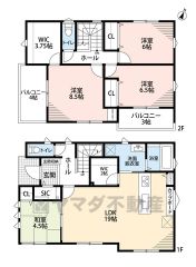 主寝室に3.75帖のWIC付き。2面バルコニーと2面採光でで光そそぐ空間設計。