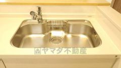 広々としたステンレスシンクには、洗剤やスポンジを収納出来るラック付き。広さも確保しているので、大きなお鍋も洗いやすいです。