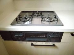 同時にたくさんの料理が調理できる3口コンロ。長時間熱を通しておきたい煮込み料理を作りながら、炒め物など同時進行で進められます。