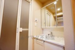 三面鏡つき洗面台。鏡裏にたっぷりとした収納スペースがあります。鏡を閉めてしまえば小物は見えないため、スッキリとした印象の洗面台にできます。