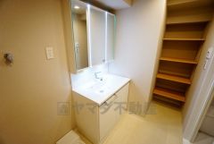 三面鏡つき洗面台。鏡裏にたっぷりとした収納スペースがあります。鏡を閉めてしまえば小物は見えないため、スッキリとした印象の洗面台にできます。