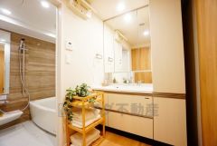 三面鏡つき洗面台。たっぷりとした収納スペースがあります。キッチンからも玄関ホールからも出入りできる家事がしやすい設計です。