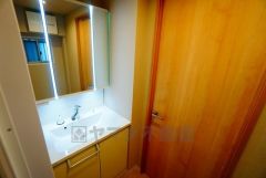 三面鏡つき洗面台。鏡裏にたっぷりとした収納スペースがあります。鏡を閉めてしまえば小物は見えないため、スッキリとした印象の洗面台にできます。