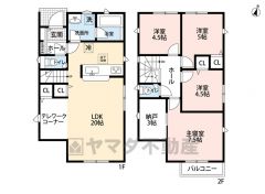 4ＬＤＫと納戸でゆとりのある暮らしが実現。リビングは20帖以上の開放感あふれる空間です。2階は洋室が4部屋あるので、お子様が大きくなっても安心ですね＾＾