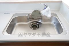 広々としたステンレスシンクには、洗剤やスポンジを収納出来るラック付き。広さも確保しているので、大きなお鍋も洗いやすいです。