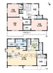 リビングは20帖以上の開放感あふれる空間。リビングイン階段でご家族が自然に顔を合わせられる間取りです。バルコニーは2部屋より出られて便利＾＾