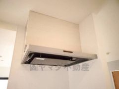 風量が弱・強と切替え可能なレンジフードが調理中の煙をしっかり吸い込みます。手元を照らすライト付きです。