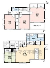 全室南西向きで陽当たりを1日中確保できる間取り。リビングは17.5帖の開放感あふれる空間です。2階も全室6帖以上と広々＾＾