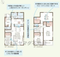 4ＬＤＫとウォークインクローゼットでゆとりのある暮らしが実現。リビングは17帖以上の開放感あふれる空間です。収納力のあるWICを2ヶ所に設置。