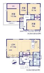 4ＬＤＫとウォークインクローゼットでゆとりのある暮らしが実現。リビングは21.5帖以上の開放感あふれる空間です。2階は洋室が4部屋あるので、お子様が大きくなっても安心ですね＾＾
