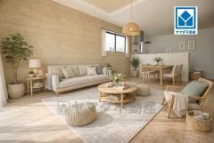 家具はイメージです。リビングは広々とした設計で、家族が集い、寛ぐ暮らしの空間を演出しています。思い思いの時間を過ごしたり、家族みんなで食事をしたり、素敵な団らんの場になりますね。