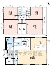 シューズクローク付き＾＾リビングは18帖以上の開放感あふれる空間です。2階は洋室が4部屋あるので、お子様が大きくなっても安心ですね＾＾