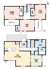 約16帖の広さを確保したＬＤＫは、和室と一体化して利用すると約22帖の大空間。2階は洋室が3部屋あるので、お子様が大きくなっても安心ですね＾＾