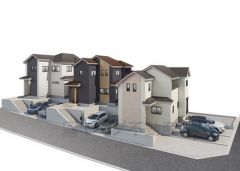 左からA・C・E号棟完成予想図。統一された建物外観はもちろん、前面道路に対して屋根方向を合わせることで統一感を作り出し、街並みとしての資産価値を高めます^^