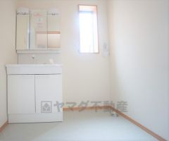 同仕様写真。三面鏡つき洗面台。鏡裏にたっぷりとした収納スペースがあります。鏡を閉めてしまえば小物は見えないため、スッキリとした印象の洗面台にできます。