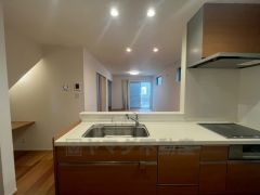 広々としたステンレスシンクには、洗剤やスポンジを収納出来るラック付き。広さも確保しているので、大きなお鍋も洗いやすいです。