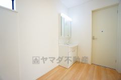 三面鏡つき洗面台。収納も一体型になっているので、ドライヤーやヘアアイロンの置き場に困りません。