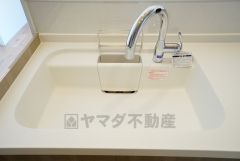 広々としたステンレスシンクには、洗剤やスポンジを収納出来るラック付き。広さも確保しているので、大きなお鍋も洗いやすいです。