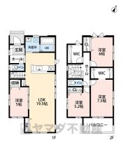 水回りが1ヵ所に集中した家事導線に配慮した間取りです。家具の配置がしやすい縦型リビング。広いLDKを探していた方に。