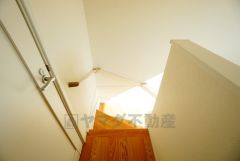 小さなお子様やご高齢の方でも安心できる、手すり付き階段。段差も低めで設定されており、安全性にも優れています。