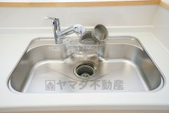 広々としたステンレスシンクには、洗剤やスポンジを収納出来るラック付き。広さも確保しているので、大きなお鍋も洗いやすいです。