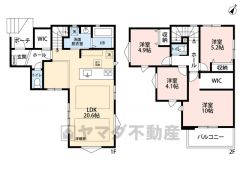 4ＬＤＫとウォークインクローゼットでゆとりのある暮らしが実現。リビングは20帖以上の開放感あふれる空間です。2階は洋室が4部屋あるので、お子様が大きくなっても安心ですね＾＾