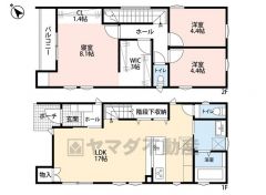 リビングイン階段でご家族が自然に顔を合わせられる間取り。2階は洋室が3部屋あるので、お子様が大きくなっても安心ですね＾＾