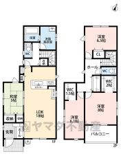リビングスルー階段でご家族が自然に顔を合わせられる間取り。リビングは18帖の開放感あふれる空間です。2階も全室6帖以上と広々。