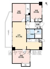 大きな窓のあるリビングは13.3帖。洋室が3部屋あるので、お子様が大きくなっても安心ですね＾＾バルコニーは2部屋より出られて便利です。