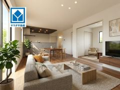 家具はイメージです。カウンターキッチンに加えて、リビング階段になっているので、お顔を合わす回数が増え、ぐっと家族の距離が縮まります。