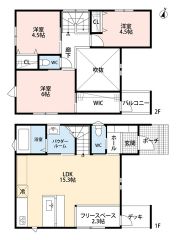 リビングイン階段でご家族が自然に顔を合わせられる間取り。2階は洋室が3部屋あるので、お子様が大きくなっても安心ですね＾＾