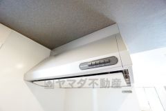 風量が弱・強と切替え可能なレンジフードが調理中の煙をしっかり吸い込みます。手元を照らすライト付きです。