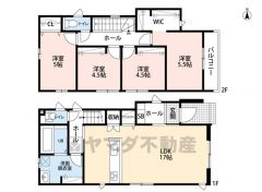 4ＬＤＫとウォークインクローゼットでゆとりのある暮らしが実現。リビングは17帖以上の開放感あふれる空間です。2階は洋室が4部屋あるので、お子様が大きくなっても安心ですね＾＾