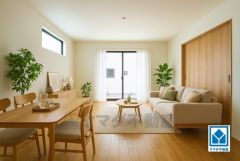 家具はイメージです。大きな窓のあるリビングは、陽光あふれる明るい空間です。居心地良く、ご家族皆がゆったりくつろげる憩いの空間となりそうです。