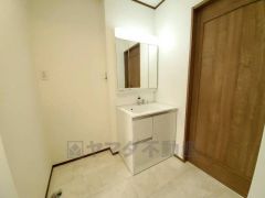 三面鏡つき洗面台。鏡裏にたっぷりとした収納スペースがあります。鏡を閉めてしまえば小物は見えないため、スッキリとした印象の洗面台にできます。